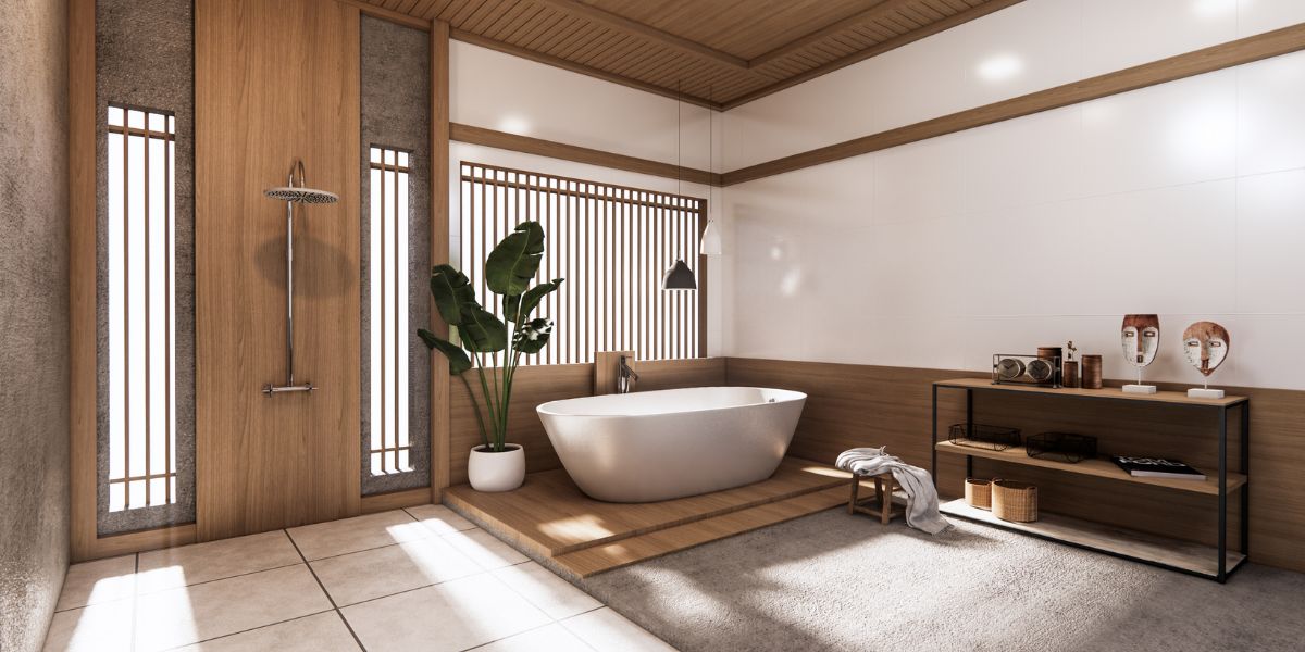 Minimalist bathroom with wooden accents, a freestanding bathtub, and a potted plant beside a rainfall shower