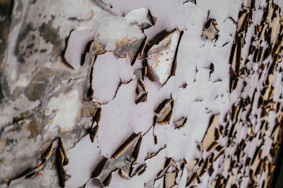 A detailed close-up shot of paint peeling and bubbling on an interior wall, indicating potential moisture damage hidden beneath the surface.